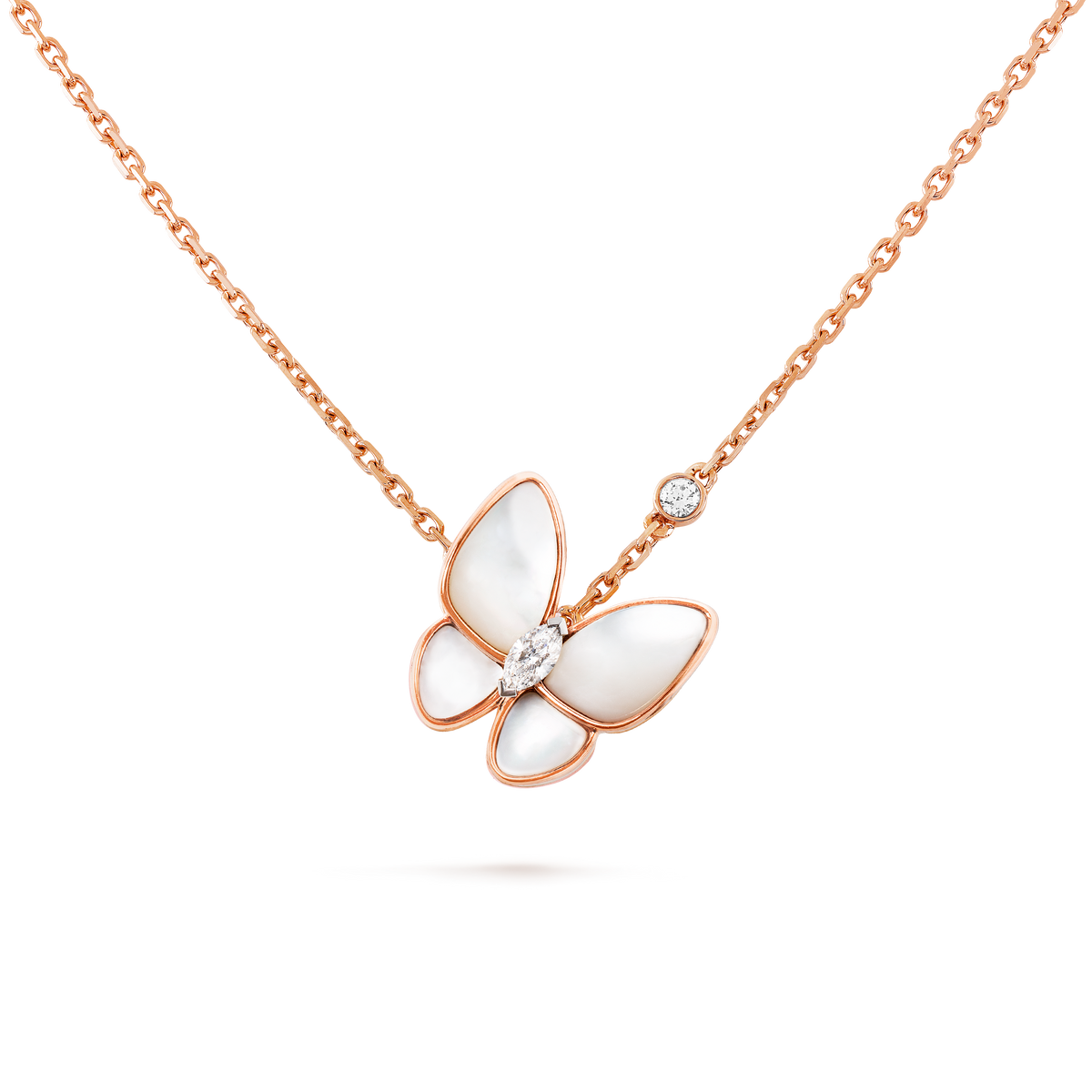 Van Cleef Collier Pendentif Papillons Or Rose Nacre