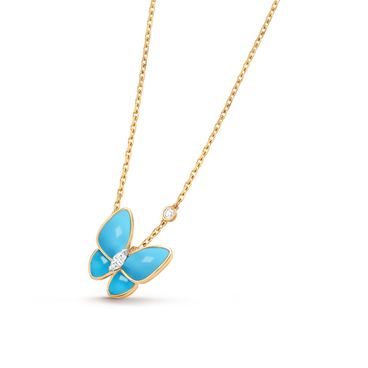 Van Cleef Collier Pendentif Papillons Or Jaune Turquoise