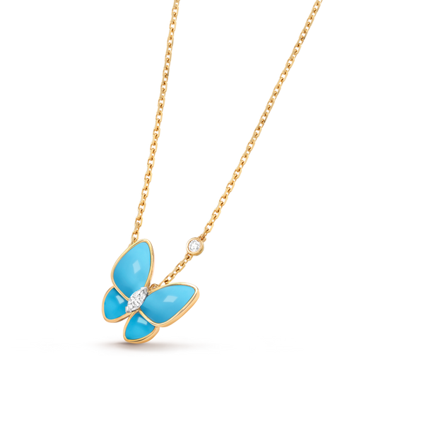 Van Cleef Collier Pendentif Papillons Or Jaune Turquoise