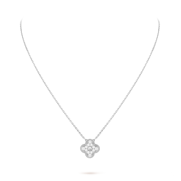Van Cleef Collier Vintage Alhambra Or Blanc Pavé Diamants
