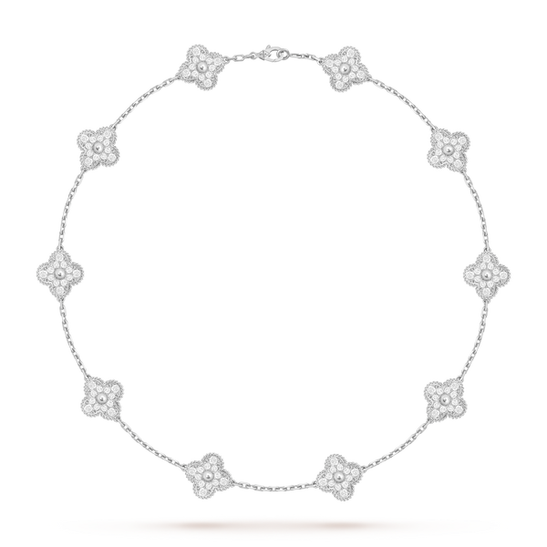 Van Cleef Collier Vintage Alhambra 10 motifs Or Blanc Diamants